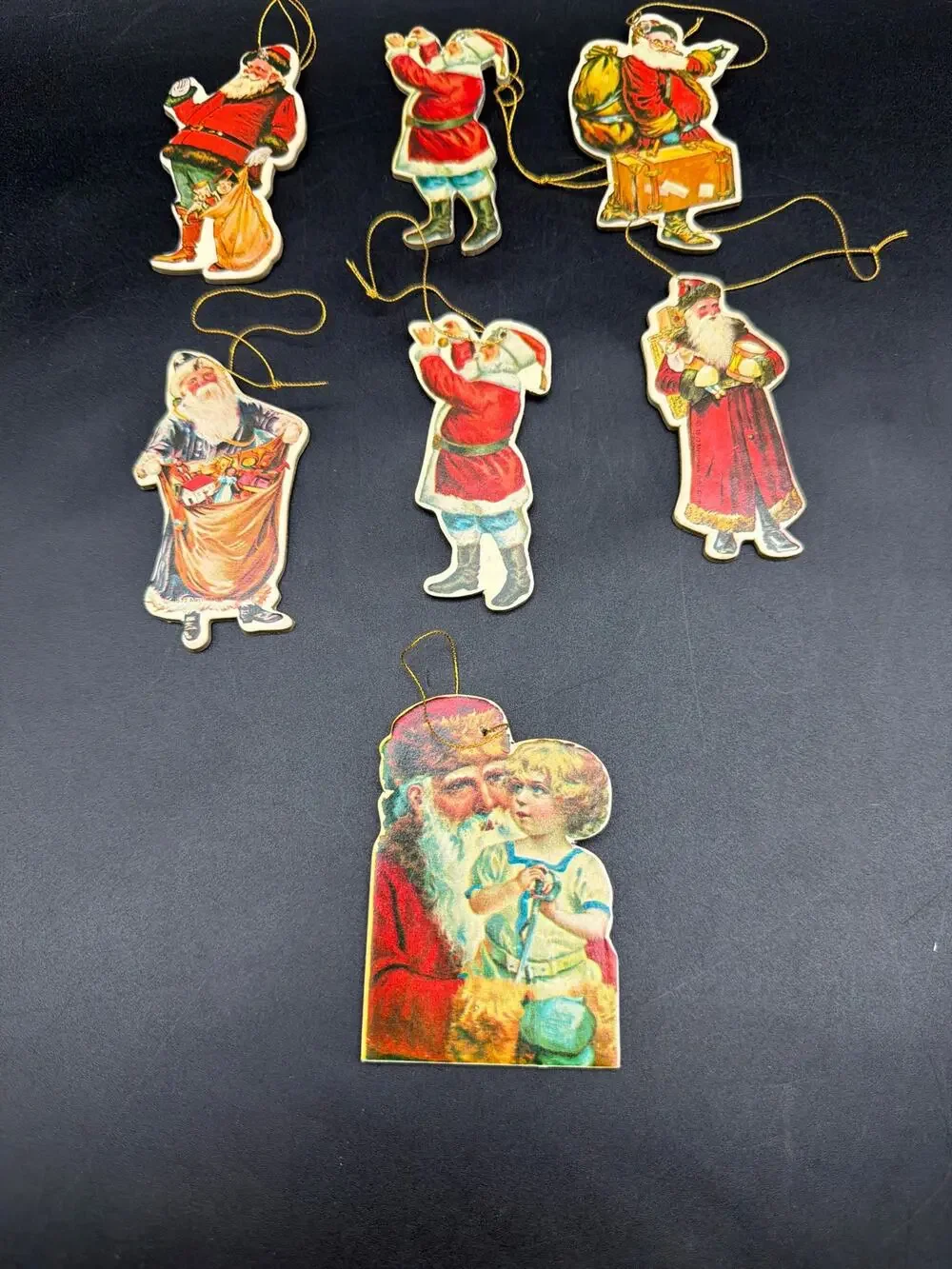 Vintage 1977 Merrimack Victorian Santa Christmas Ornaments Die Cut Set of 7